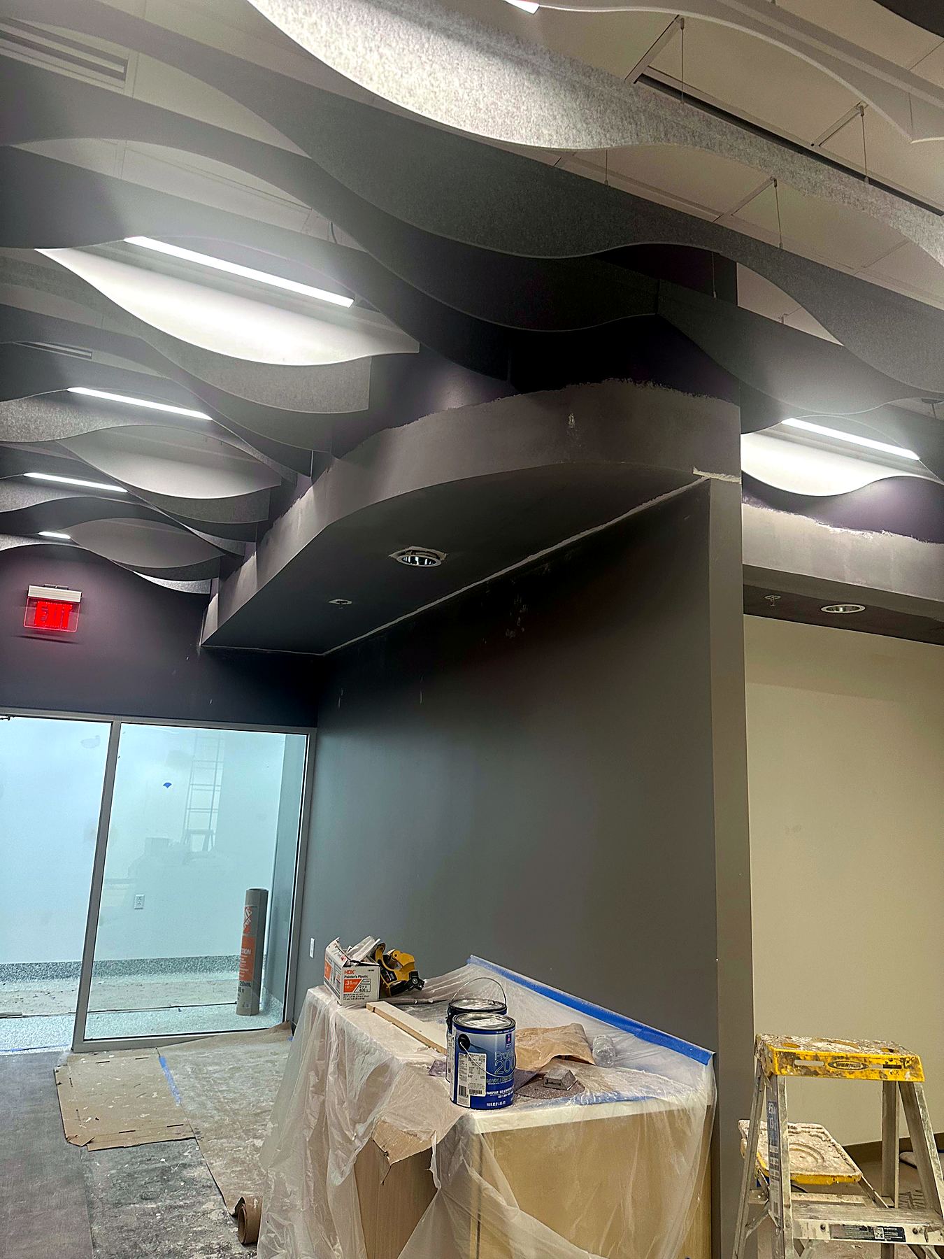 Curved drywall soffit and hard ceiling