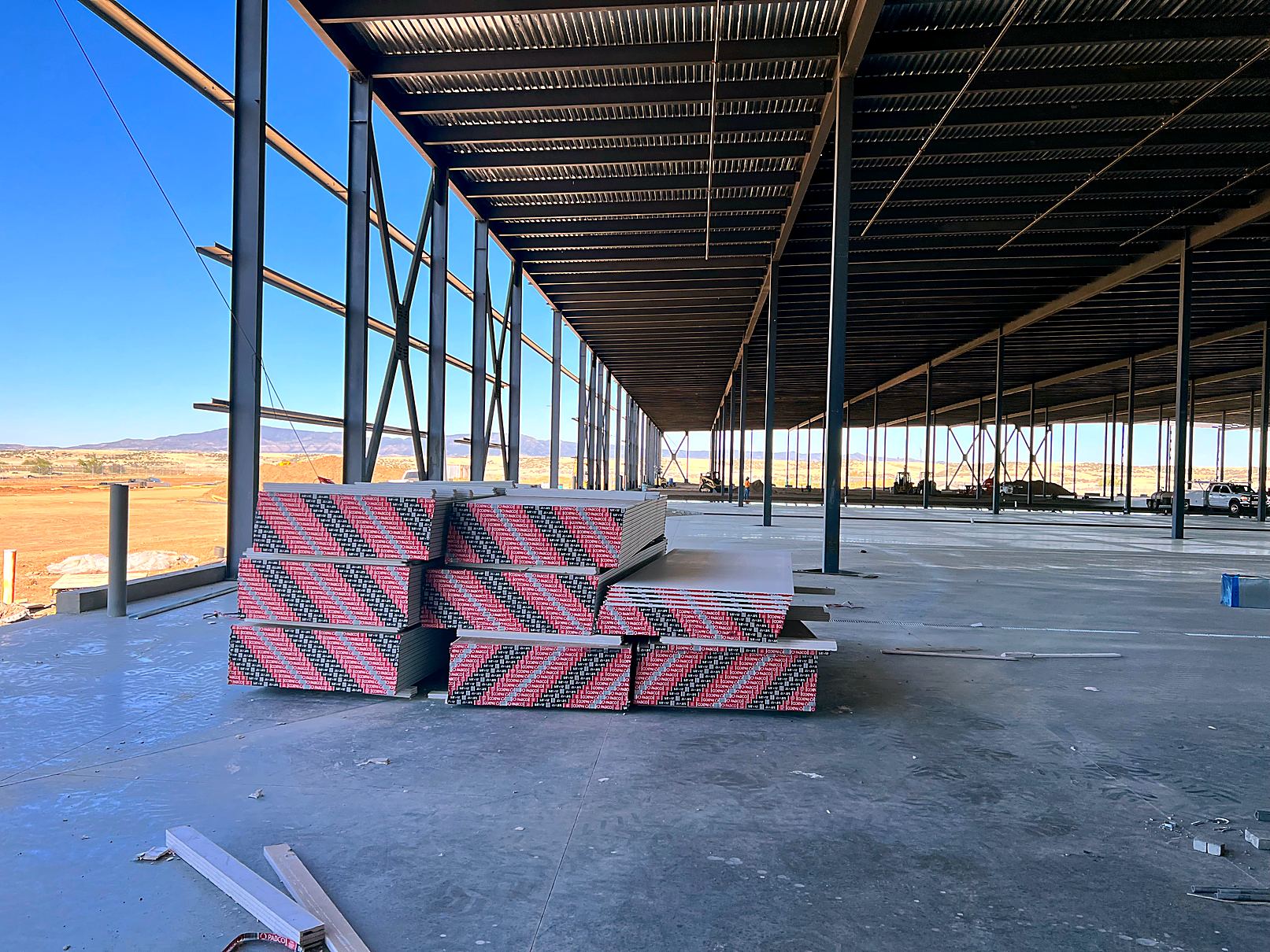 Drywall staged inside the FedEx Ship Center in Prescott, Arizona