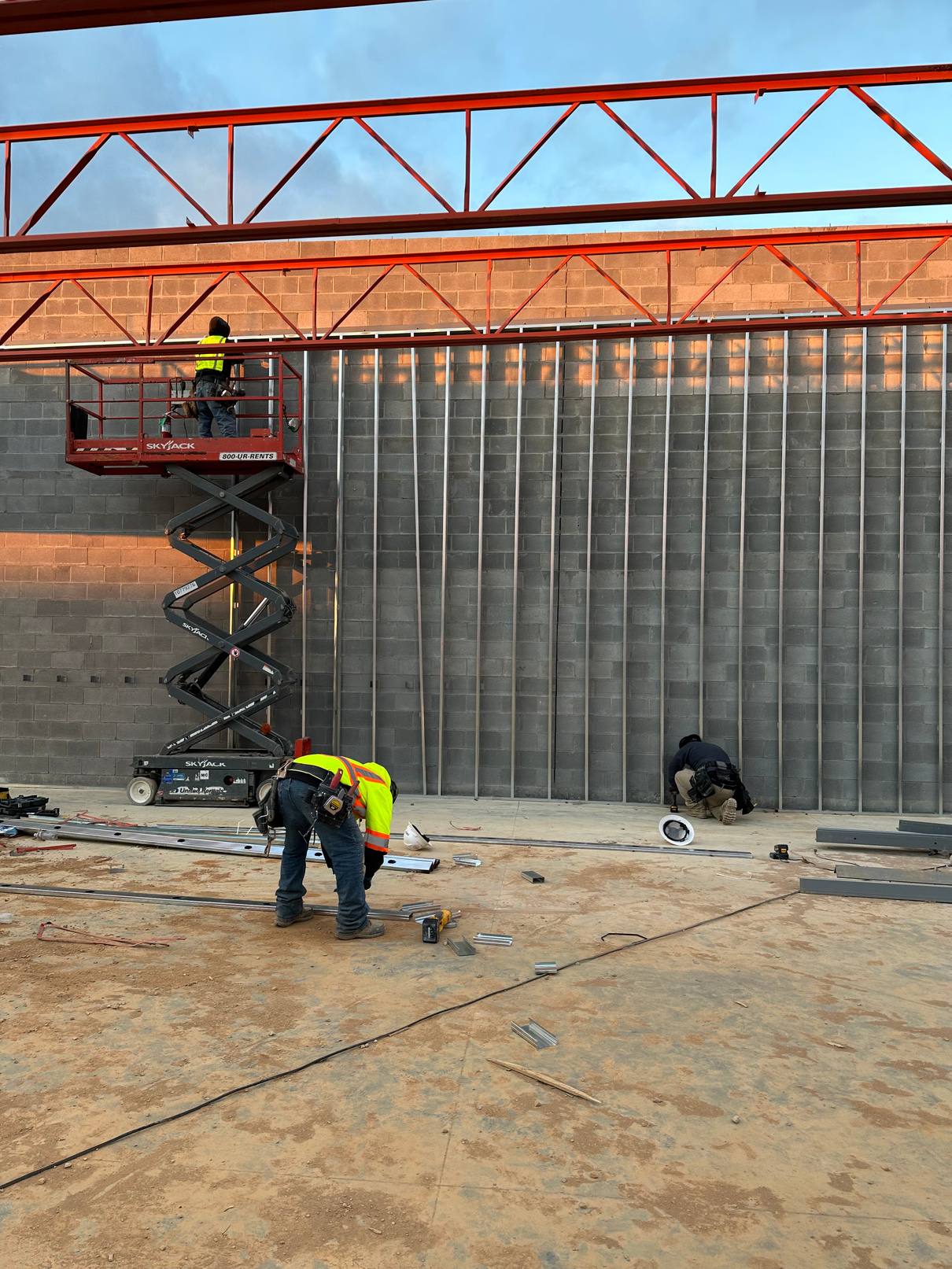 Exterior wall framing on a retail building
